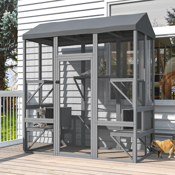 TIMHAKA 72” Catio Outdoor Cat Enclosure, Large Cat Catio for Multiple Cats, Outdoor Cats Enclosure with Waterproof Cover, Gray