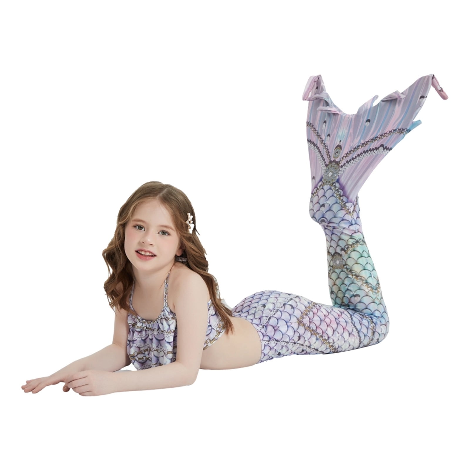 Maillot De Bain Sirène 3 Pièces Pour Fille 6-12 Ans - Queue De Sirène + Bikini - Séchage Rapide