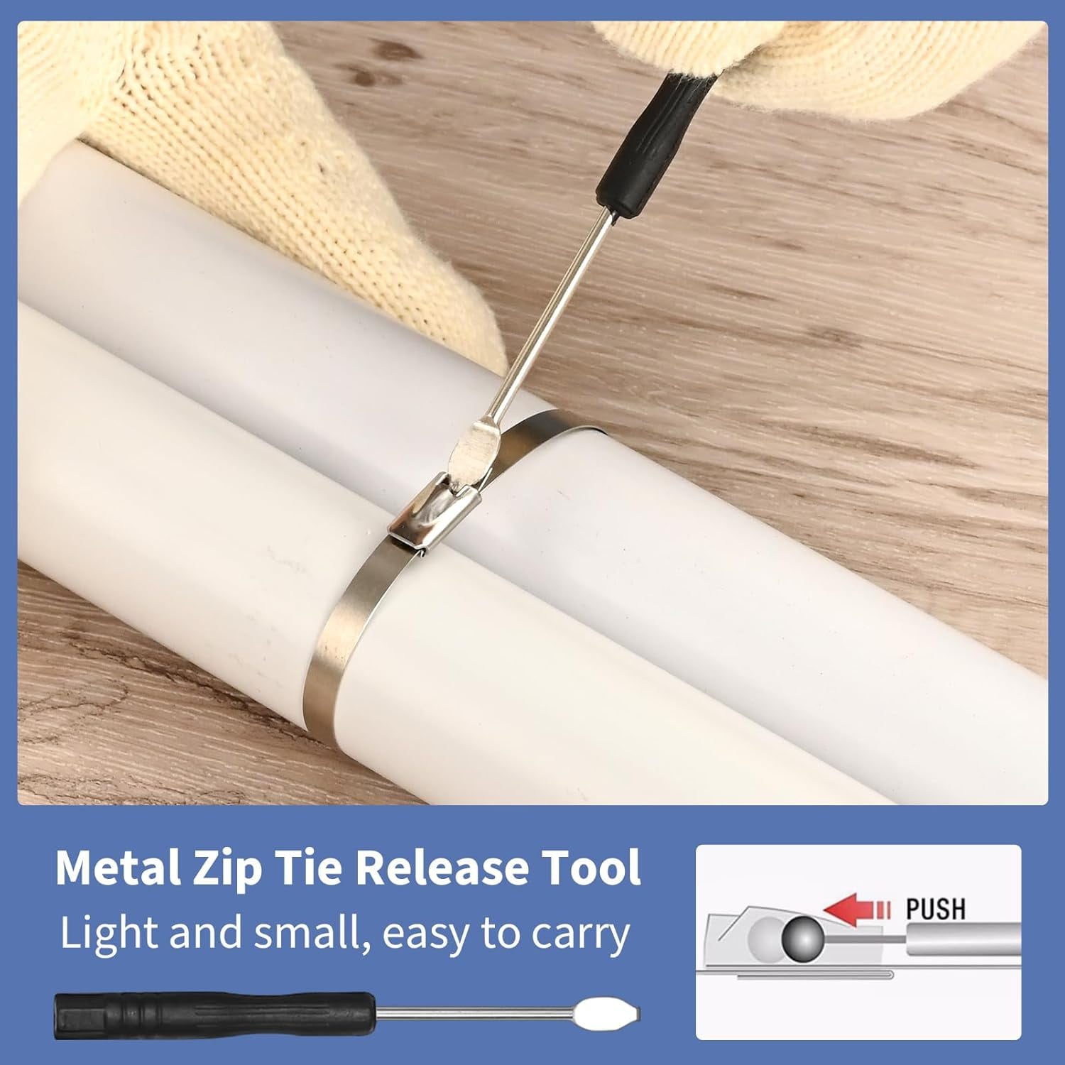 Metal Cable Ties Tool, stainless steel ties gun with built-in cutter, adjustable fastening cutting ties tool, comes with 100 pieces of 11.8-inch self-locking stainless steel ties, ties organizer and