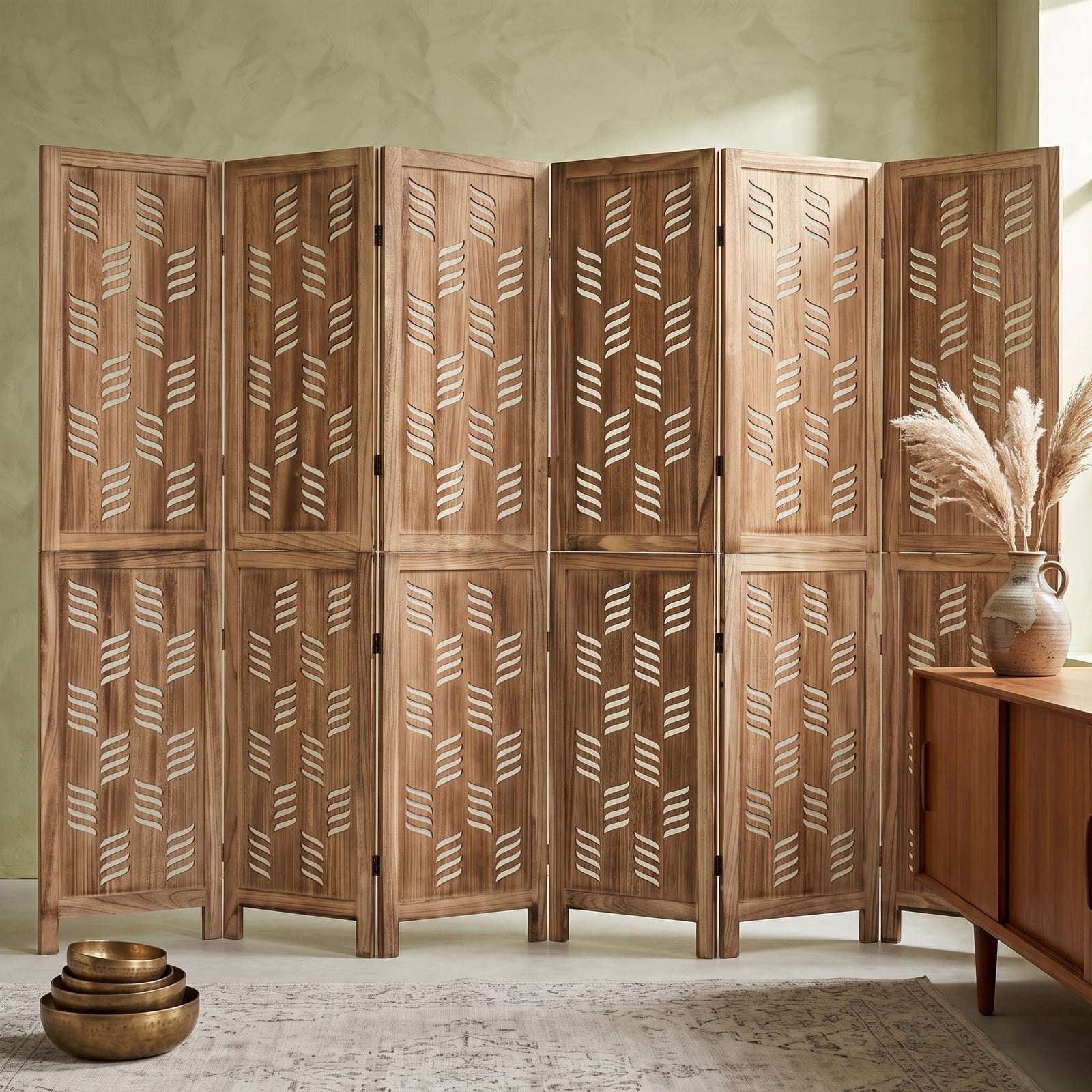 ALPULON 5.5 FT Tall 6-Panel Folding Room Divider Privacy Screen with Wave Cutout and Paulownia Wood Frame for Living Room Bedroom Office, Brown