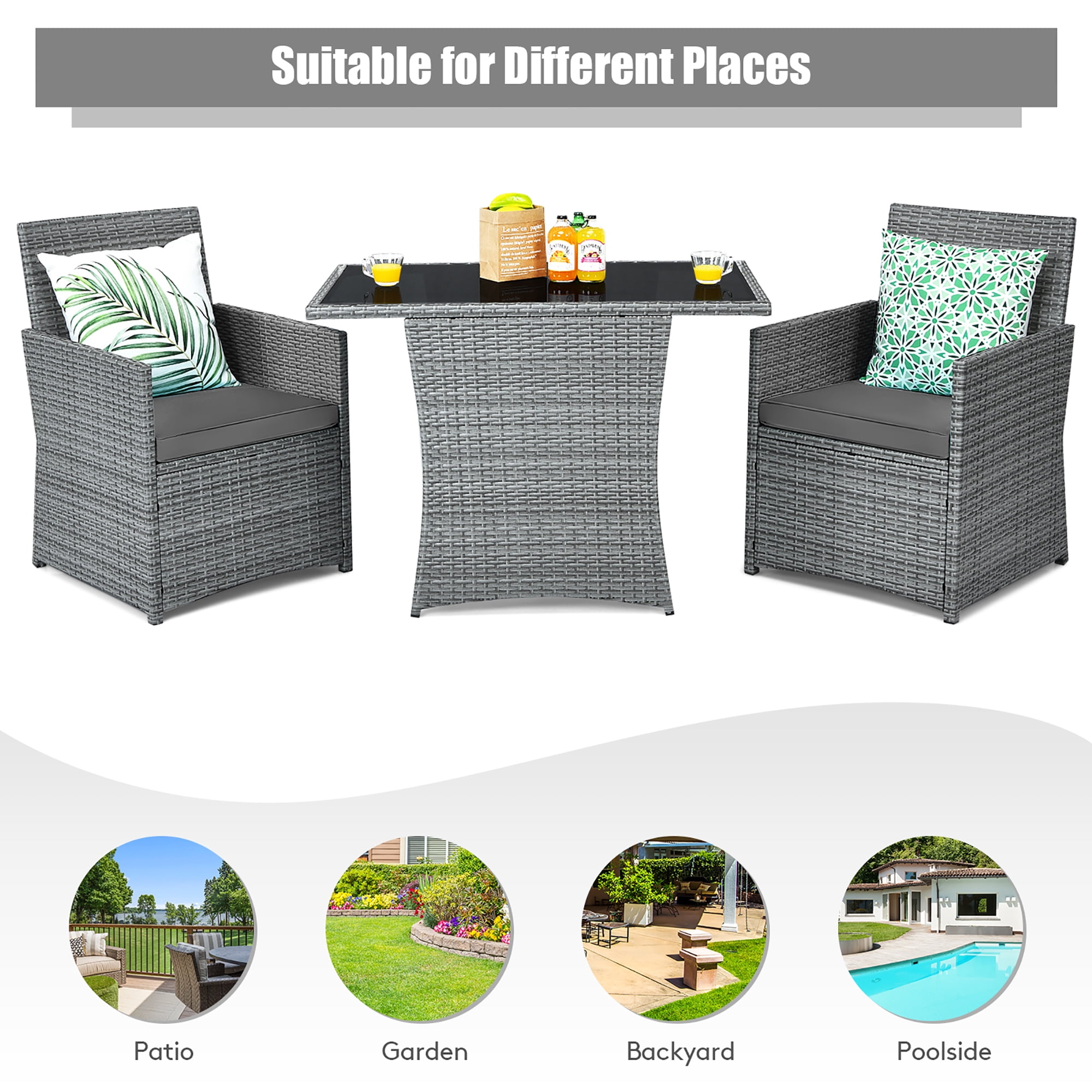 Costway 3PCS Patio Rattan Furniture Set Cushioned Sofa Armrest  Garden Gray
