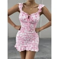 thumbnail image 5 of Women'S Floral Print Off Shoulder Milkmaid Dress Ruched Ruffle Hem Bodycon Mini Dress Pink S, 5 of 7