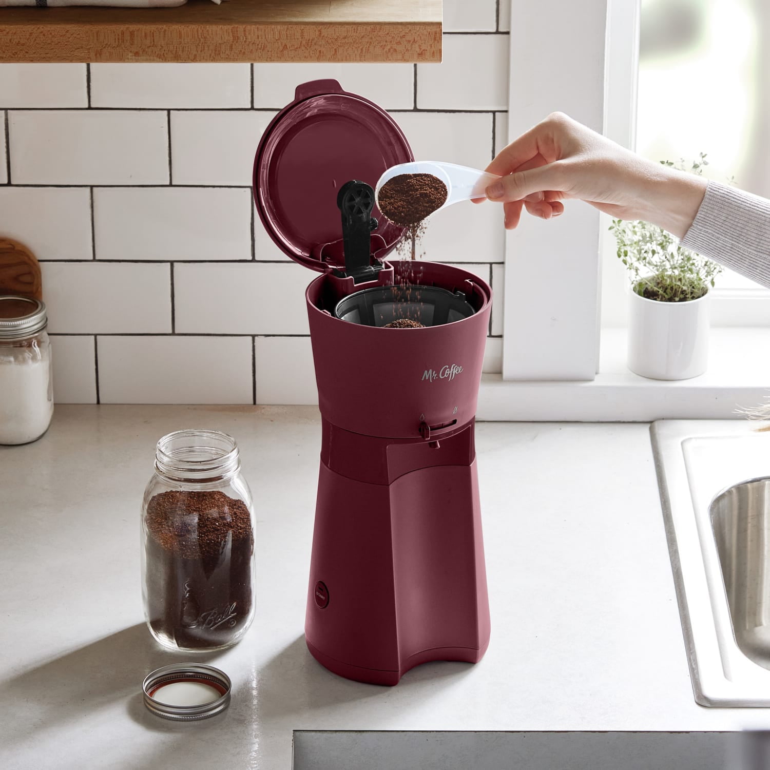 Mr. Coffee Iced Coffee Maker with Reusable Tumbler and Coffee Filter, Burgundy