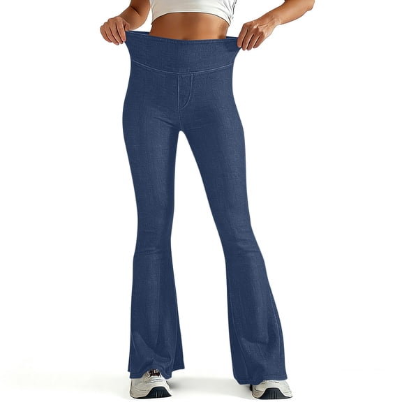 Simua Women's Solid Color Elastic Denim Double Pocket Flare Leggings for Fitness Casual Daily All-Season Tight Comfortable Long Pants