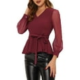 thumbnail image 4 of INSPIRE CHIC Women's Mesh Long Sleeve V Neck Ruffle Hem Peplum Top with Belt, 4 of 5