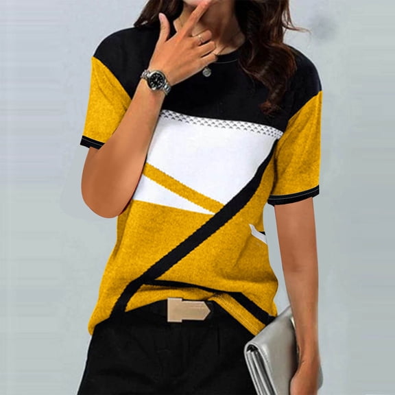 OSFVNOXV Womens Business Tops Casual Graphic T-Shirts Color Blocked Slim Fit Short Sleeve Crewneck Pullover Shirts