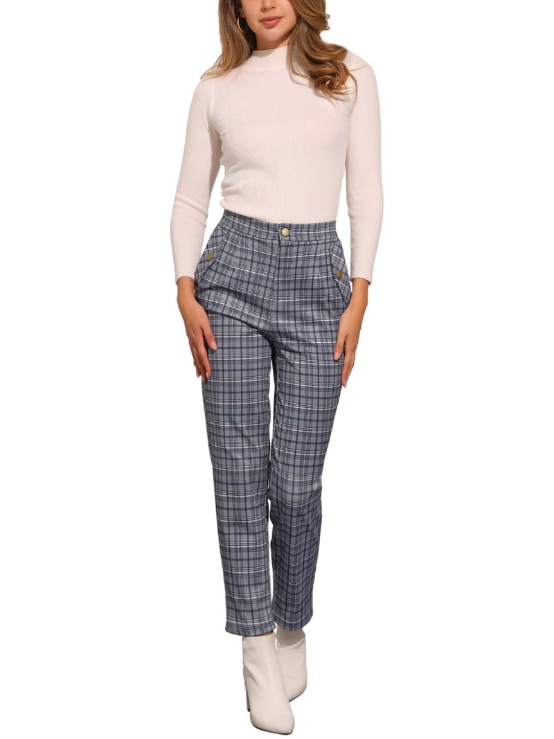 women's grey plaid dress pants Editor Super High Waisted Plaid Straight Ankle Pant