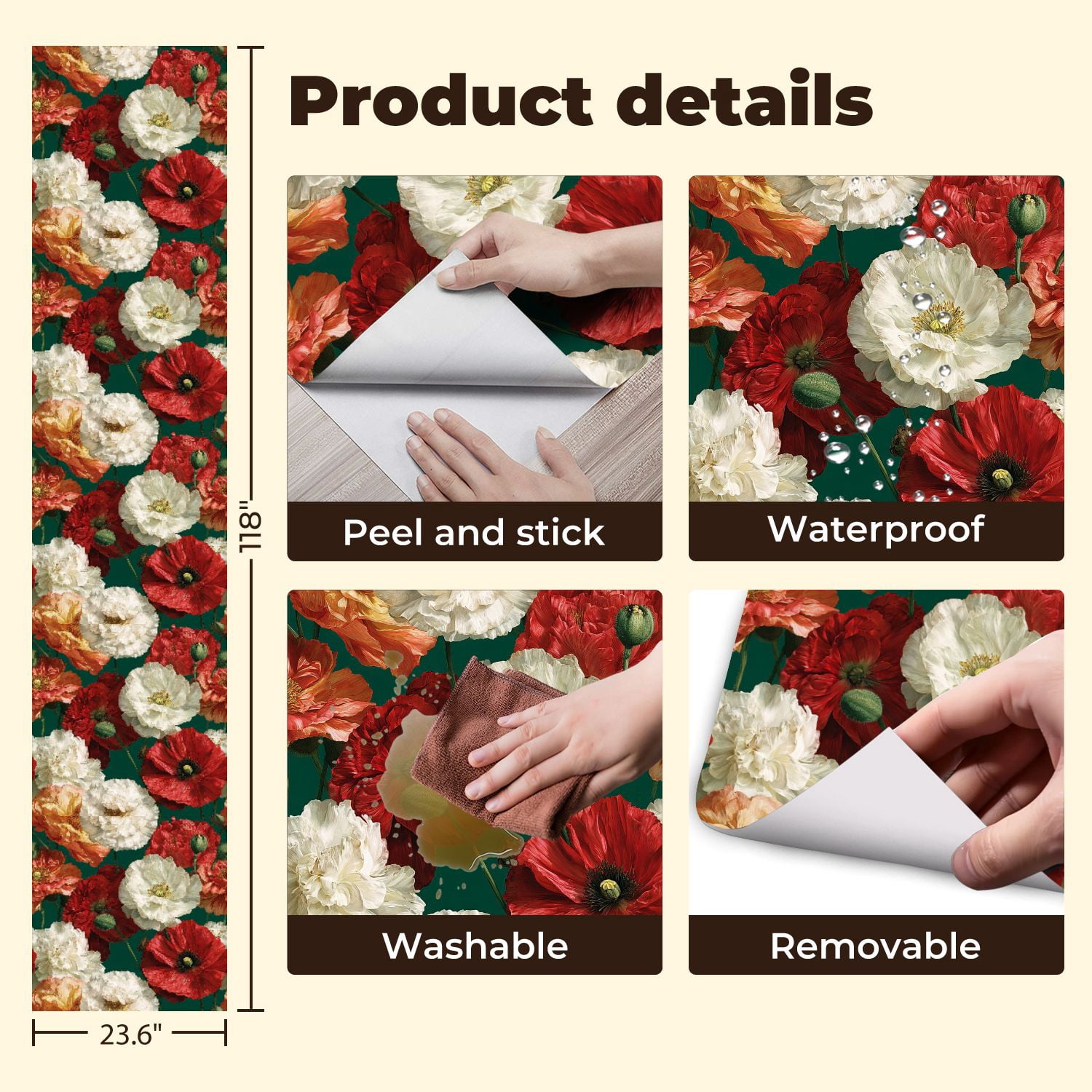 Vintage Peel and Stick Wallpaper Striking Poppy Flowers Full Bloom Precise Petal Wall Mural 23.6in x 9.8ft Self Adhesive Removable Wall Paper Floral Contact Paper for Nursery Bedroom Cabinets