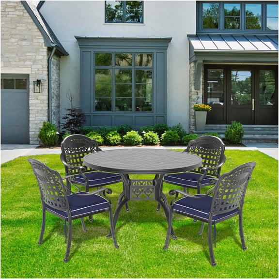 JERFIT 4-Person Outdoor Patio Dining Set with Round Table, Stackable Chairs & Blue Cushions, All-Weather Black Aluminum Furniture for Garden, Deck, Pool