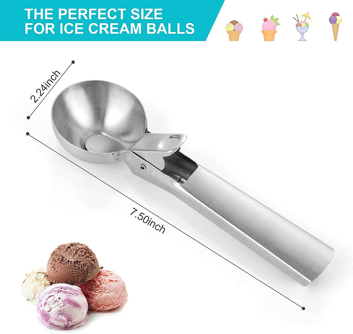 Ice Cream Scoop, Stainless Steel Non-stick Ice Cream Spoon Diameter With  Comfortable Non-slip Rubber Grip Handle For Hard Ice Cream/cookie/melon  Ball/