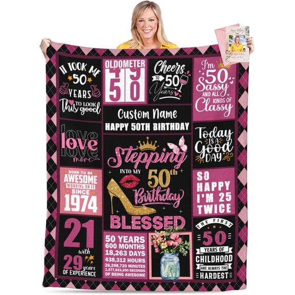 50th Birthday Gifts for Women Personalized Happy Birthday Blanket for Women 1974 Birthday Gifts for Her Ladies Female Mom Daughter Wife Sister Grandma Best Friends Ideas Birthday Decorations Throw