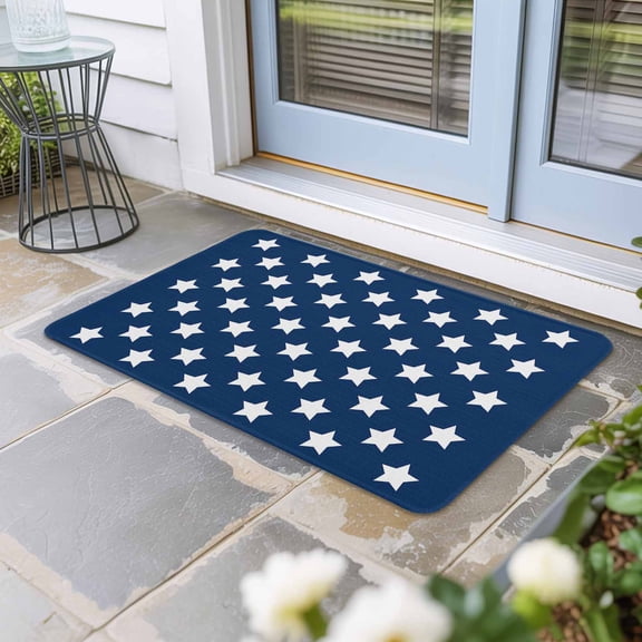 4th of July Door Mat Indoor Outdoor, Independence Day Patriotic White Star Blue Non Slip Welcome Mat with Rubber Backing, Absorbent Fabric Front Door Mats Entryway Rug for Home Patio Entrance 16"x24"