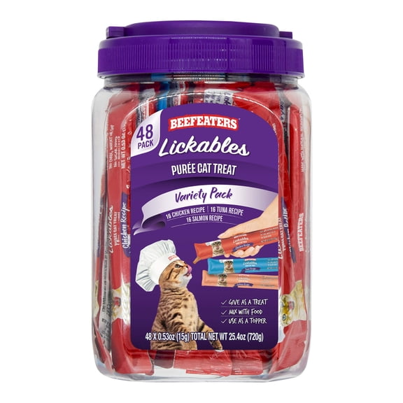 Beefeaters Wet Cat Treats Lickable 48ct Puree Variety Pack - Salmon Tuna Chicken for Hydration & Training, Grain Free Taurine Enriched High Moisture, Lickable Cat Treats & Everyday Treating