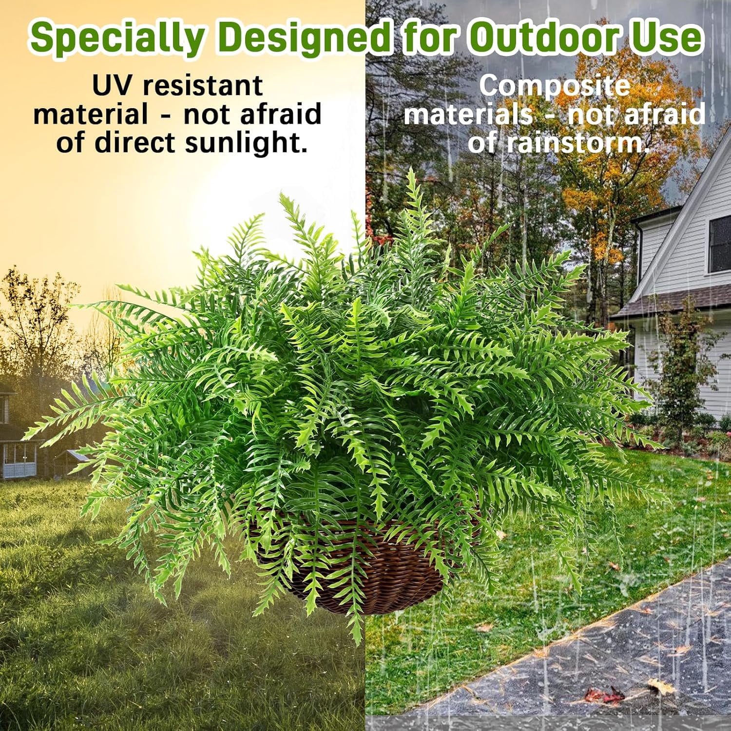 Yastouay Artificial Hanging Ferns Fake Boston Ferns with Basket Outdoor Faux Plants for Home Garden Porch Decor,2 Pcs