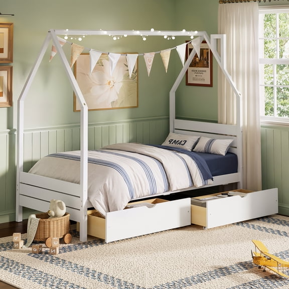 Mintazer Twin Kids House Canopy Platform Bed with 2 Storage Drawers, Montessori Bed with Headboard for Bedroom, White