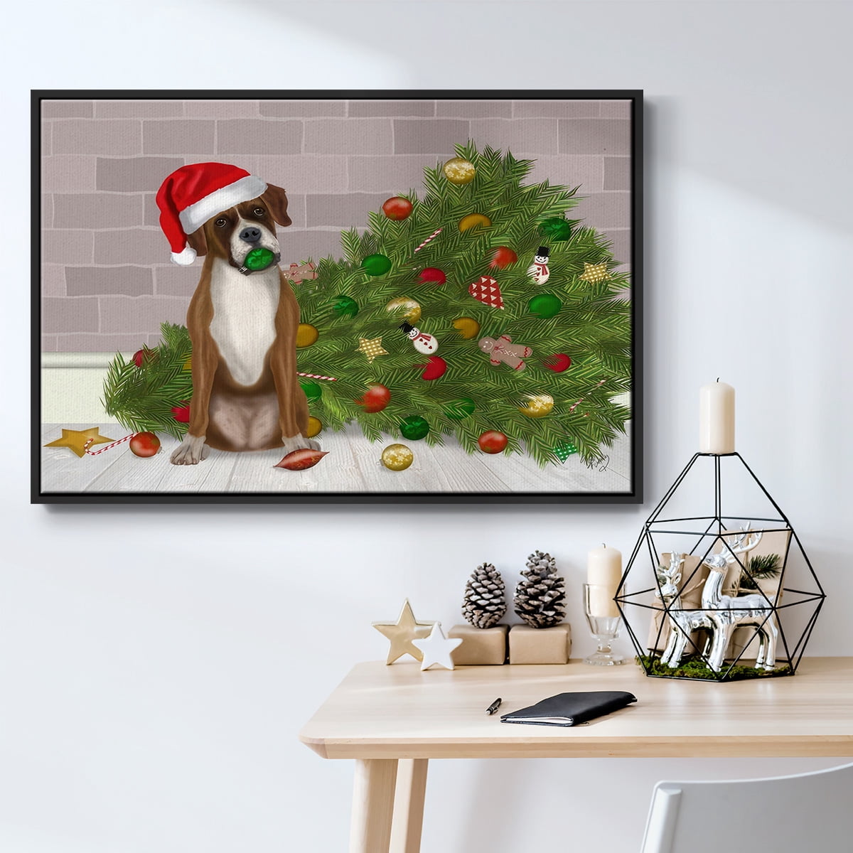 Christmas Boxer and Broken Christmas Tree - Framed Gallery Wrapped Holiday Canvas - 25 x 37 - Black Frame