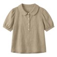 thumbnail image 7 of QATAINLAV Khaki Woman Summer Linen Shirts Short Puff Sleeve Button Up Peter Pan Collar Cute Blouses Dressy Casual Vacation Tops M, 7 of 7