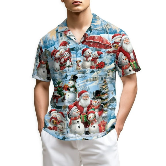 Netecom Snowman and Santa Claus Christmas Hawaiian Shirt, Winter Holiday Village Print Button Down Summer Beach Shirt, S-5XL