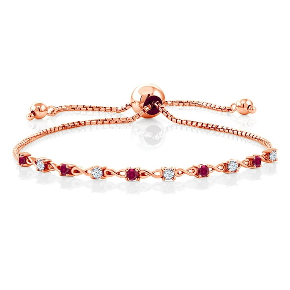 Gem Stone King 0.55 Ct Round Red Created Ruby 18K Rose Gold Plated Silver Bracelet for Women