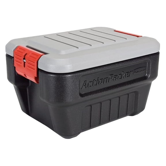 ActionPacker Storage Box, 8 Gallon Lockable Container - Grey/Black - Heavy Duty Tool Organizer for Garage, Camping, Sports Equipment & Holiday Decorations