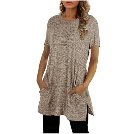 

Women s Short Sleeve Shirts Round Neck Casual Tops Trendy Dressy Split Blouses Solid Color Long Shirts with Pockets Workout Tops for Women Blusas Elegantes de Mujer Para Fiesta