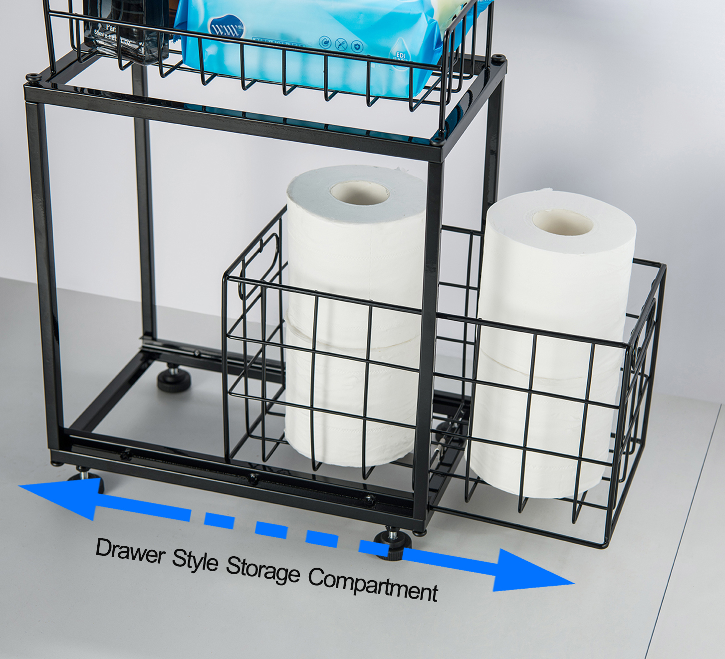 Freestanding Toilet Paper Holder, Drawer Style Storage Compartment, with Storage Shelf Reserve for Phone Tablet Magazine Bathroom Organizer (Black)