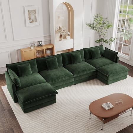 HUMEHA 146.8 Inch U Shaped Solid Print Chenille Modular and DIY Combination Sectional Sofas with Two Movable Ottoman Evergreen