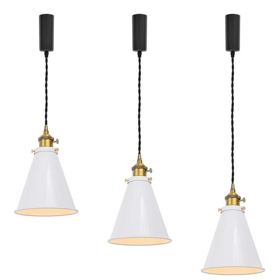 KAYYELAMP 3 Pcs H-Type Track Lamp Adjusted Cord White Cone Metal Shade Brass Finish Switch Base Retro Design Pendant Light for Kitchen Farmhouse Living Space Loft(No Bulb, Track)