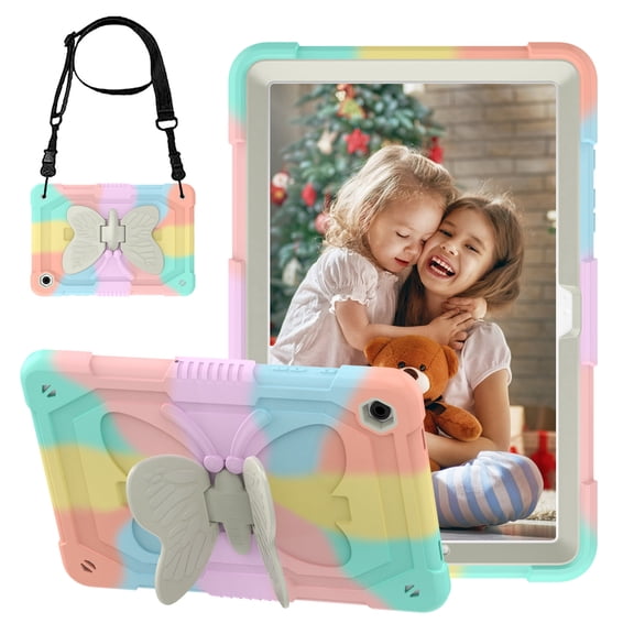 ShieldPlus for Samsung Galaxy Tab A9 Plus Case for Kids Girl, Galaxy Tab A9 11 inch 2023 Released with Butterfly Stand Shoulder Strap Shockproof Full Body Protective,Rainbow