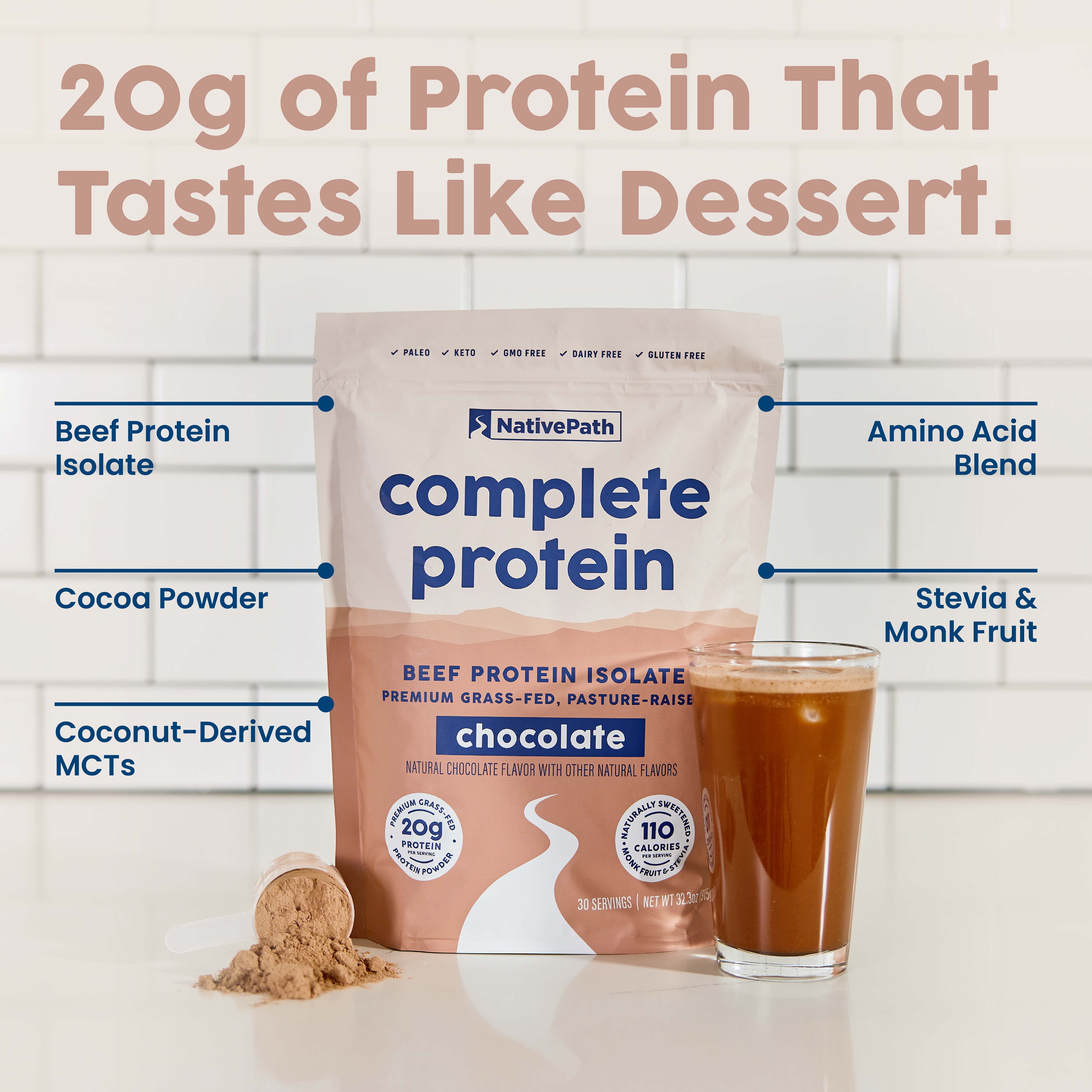 NativePath Beef Protein Powder Chocolate, 20g Grass-Fed Isolate, Dairy-Free Keto, 30 Servings