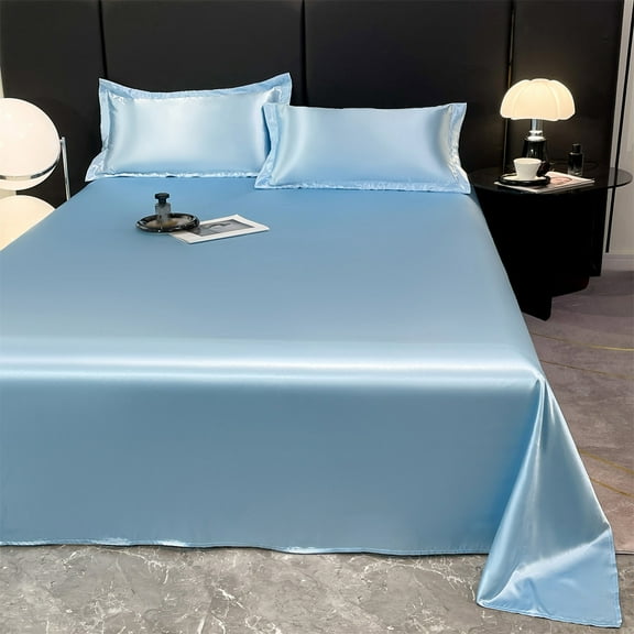 Nkmbld Luxurious Soft Ice Silk Bed Sheet Pillow Case 3-piece Bedding Set Suitable for All Seasons Cool Ice Silk Fabric Machine Washable, Queen, BUL