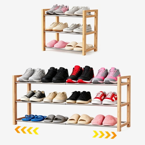 THENNIKIGO Wooden Shoe Rack, Oak Expandable Shoe Organizer, 3-Tier Stainless Steel Shoe Shelf, 17.7“-31.4”, for Closet, Garage, Entryway,