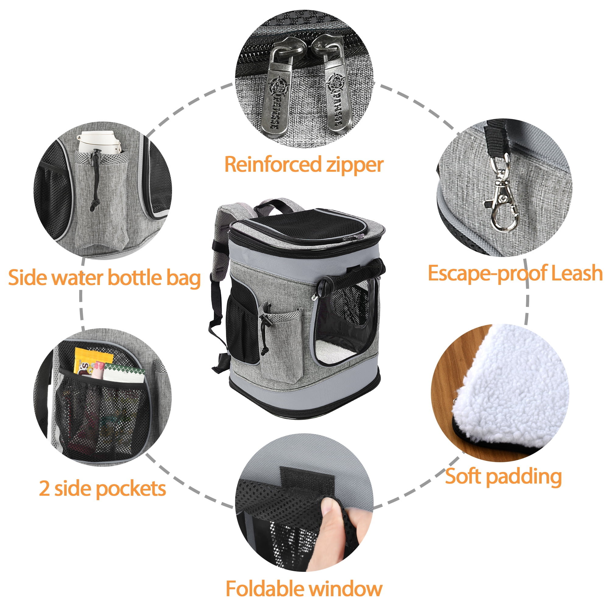 Solaris Adjustable Pet Carrier Backpack for Dogs and Cats, Puppies, Portable Cat Carrier Backpack with Bottle Pocket, Two Mesh Window for Breath,Gray