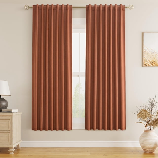 Cortinas opacas de lino terracota Guken, 160 cm de longitud, 2 paneles