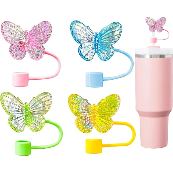 4Pcs Cute Laser Straw Covers, Butterfly Cap for 30&40 Oz Tumbler With Handle, 10mm Topper for Cup, Reusable Drinking Caps Accessories