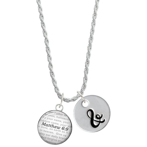 Delight Jewelry Silvertone Domed Matthew 6:9 Silvertone Script Initial Disc - & - Charm Necklace, 20"+3"
