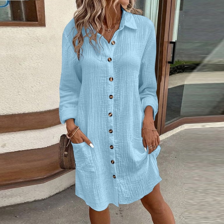 Jzuxvd T Shirt Dresses for Women 2024 Summer Button Down Long Sleeve Dresses  Casual Midi Shirt Dress with Pockets Light Blue XXL - Walmart.com