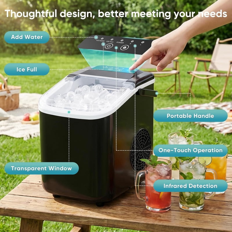 Bigleap Ice Maker Countertop, 26lbs per 24H, 9 Cubes in 6-8 Mins, Self-Cleaning Portable Ice Machine with Handle for Home, Kitchen, Office, RV, Black