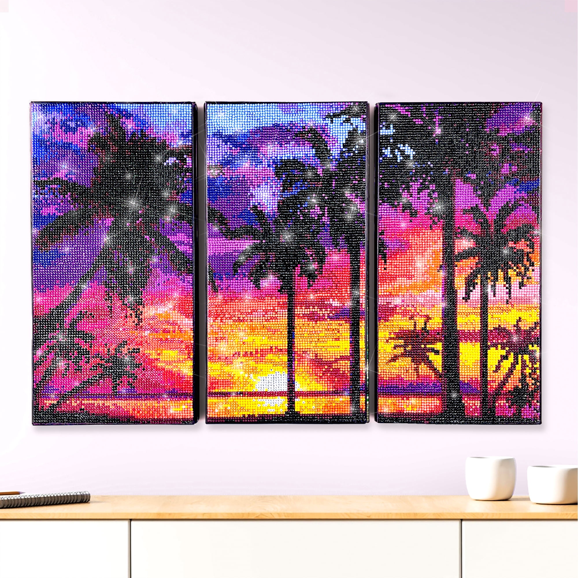 ArtSkills Diamond Painting Kit, Diamond Art Ready to Hang Framed Canvas with Storage and Accessory Kit, Beach, 3 Stretched Canvas Panels, 14” x 7” Each