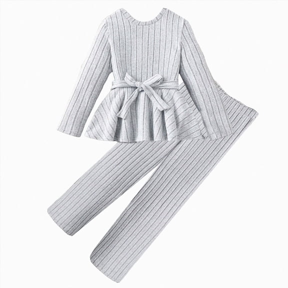 NIEWTR Baby Girl Clothes Toddler Fall Winter Outfits Ruffle Long Sleeve Bow Top Flared Pants Set Bell Bottom Clothing(A-Grey,10-11 Years)
