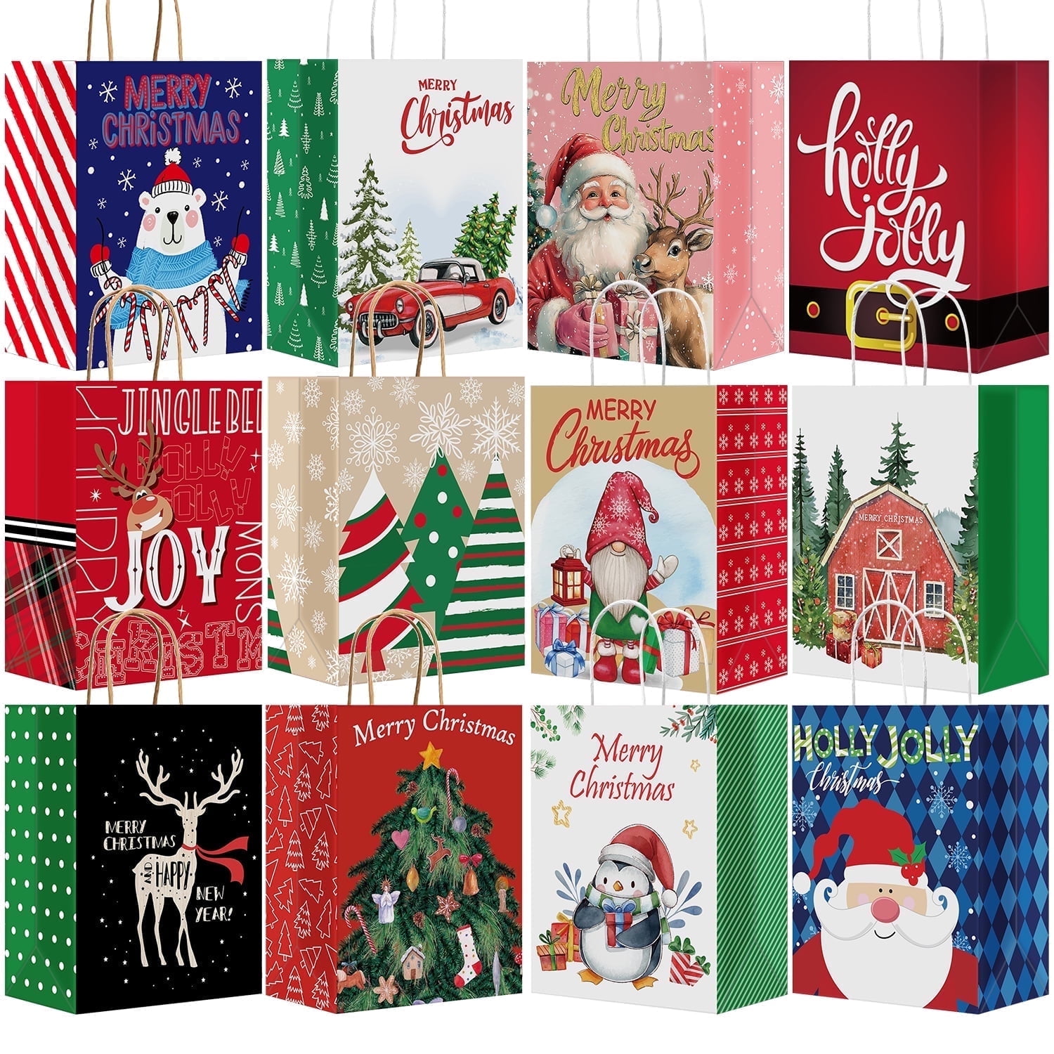 Christmas Kraft Gift Bags, 24Pcs Holiday Favor Bags Bulk With 6 Styles Christmas Prints, Paper
