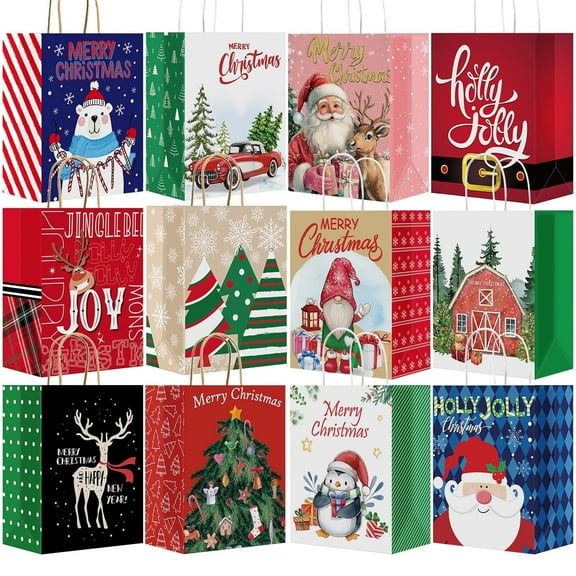 24 Pack  Medium Christmas Bags Multipack, 9x7x4 inches Christmas Bags for Presents, Xmas Paper Bags with 12 Unique Designs for Party Favour, Xmas Decoration