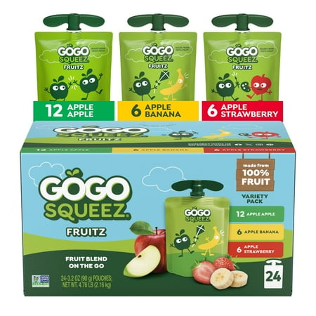 GoGo squeeZ No Sugar Added Banana Strawberry Applesauce Variety Pouches, 3.2 oz (24 Pack)