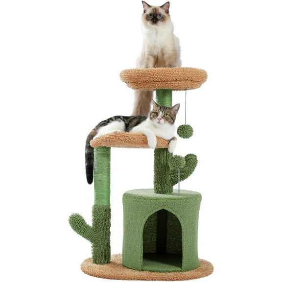 32" Tall Cactus Cat Tree Cat Tower with Warmy Condo, Plush Perches, Sisal Scratching Post and Fluffy Balls Ideal Paradise for Small and Medium Cats Sturdy Construction and Easy Installation