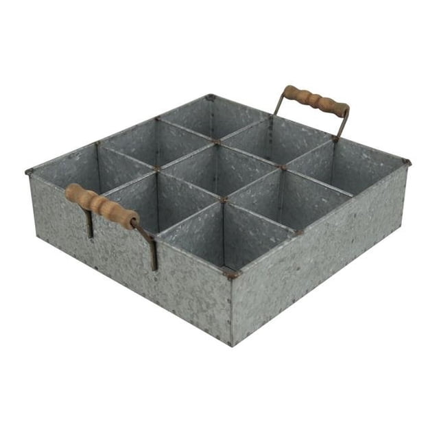 6 Compartment Galvanized Metal Caddy with Wood Grip Handles