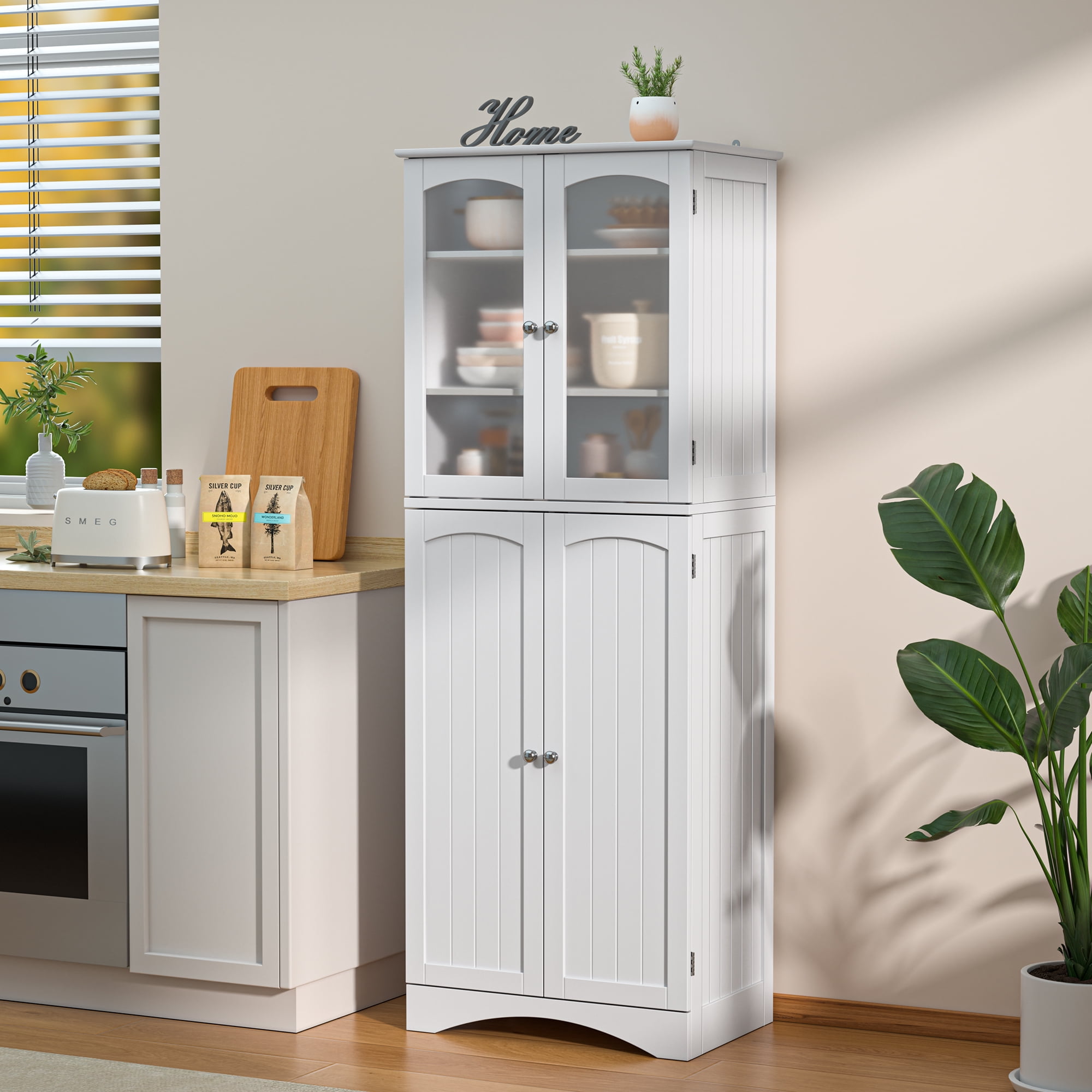 Aiho 66.9 H Kitchen Pantry Storage Cabinet with 2 Drawers and Glass Doors  for Kitchen - White 