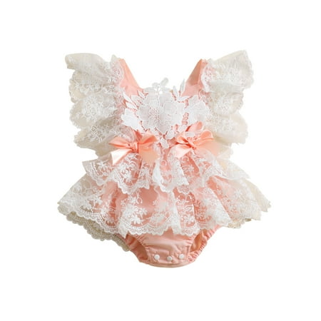 

MissiMae Baby Girls Floral Lace Romper Dress Summer Casual Flying Sleeves Suspender Jumpsuit for Toddler Newborn
