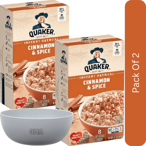 Quaker Instant Oatmeal, Cinnamon & Spice – 12.1 oz Box-2pk, With White Bowl By OMA
