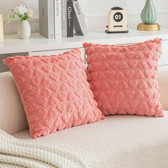 2Pcs Heart Love Decorative Throw Pillow Covers 18x18inch, Soft Plush Faux Fur Wool Pillow Covers for Couch Sofa Home