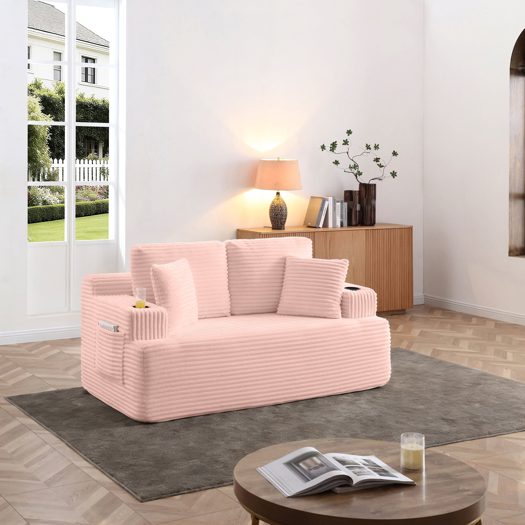 Miniyam 2-Seater Cloud Couch Corduroy Loveseat, Boneless Floor Sofa No Assembly for Bedroom (Pink)